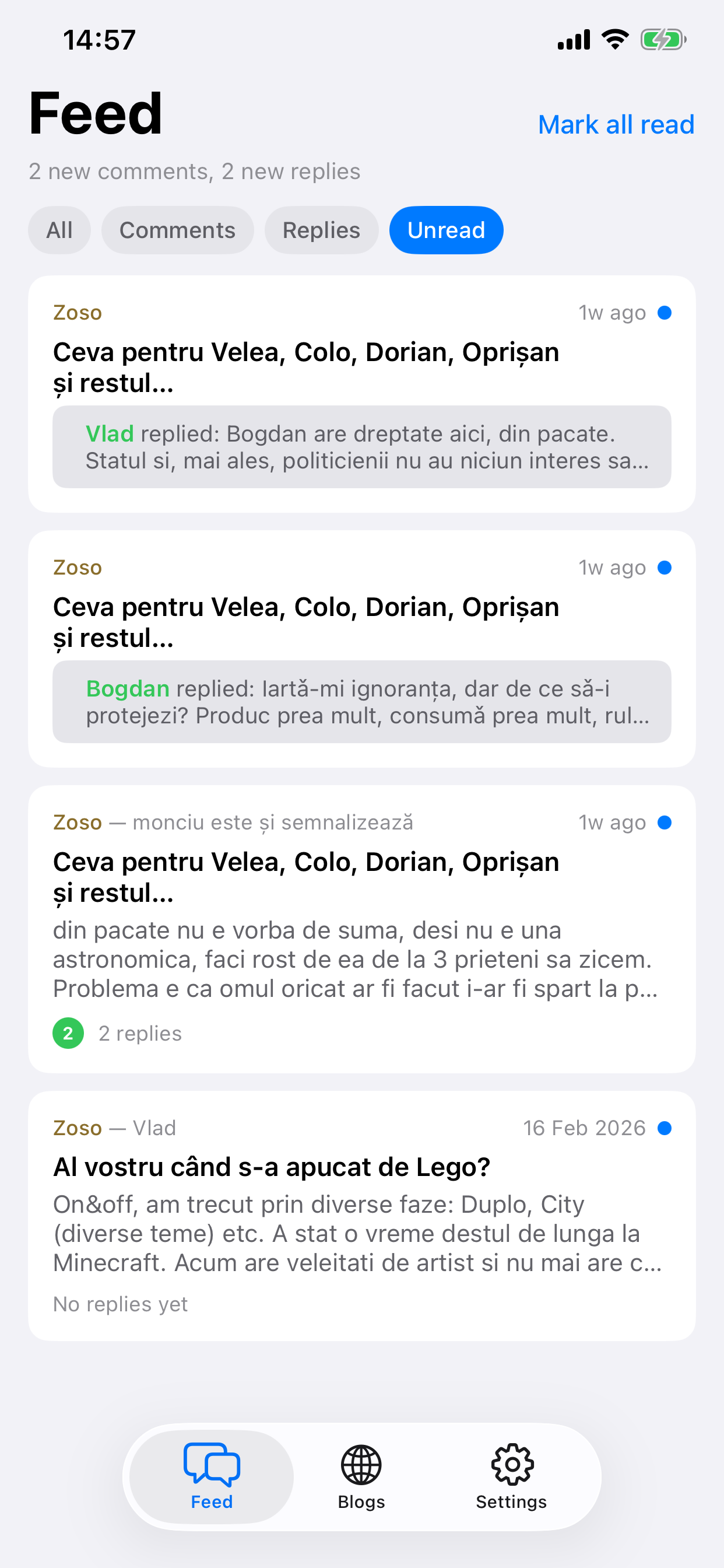 Feed tab showing unified comment timeline