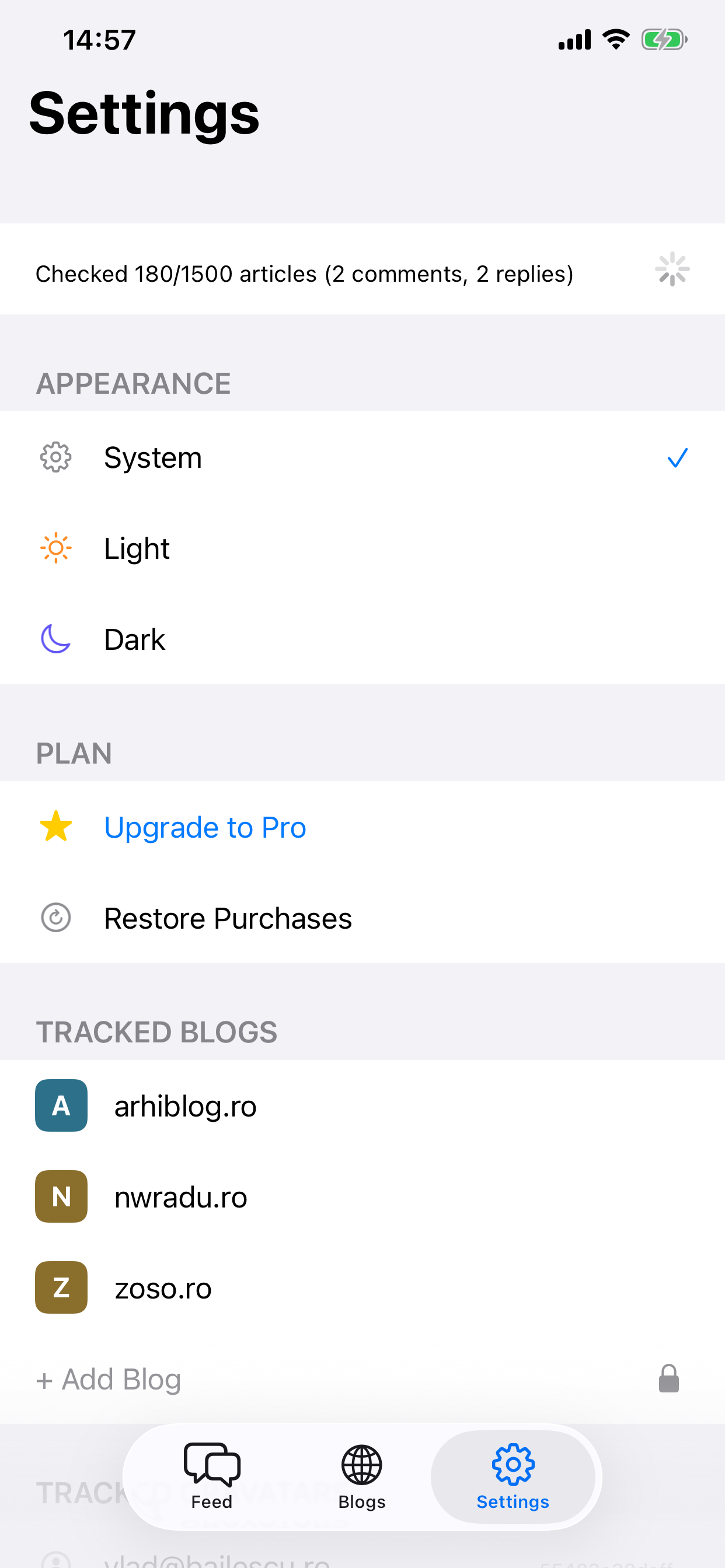 Settings tab showing app preferences